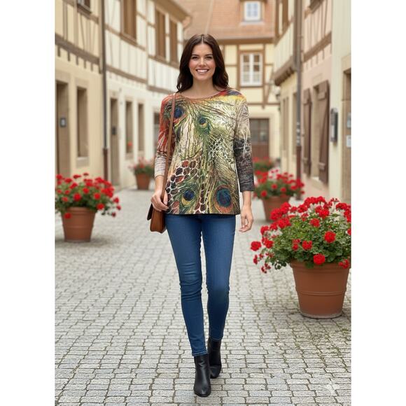 Jess & Jane Womens PXL Artsy Bohemian Maximalist USA Peacock Feather Top Blouse - Picture 2 of 10